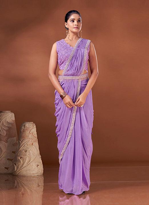 Purple Exquisite Hand Work Chinnon Ready To Wear Saree Free Shipping Hot Sale