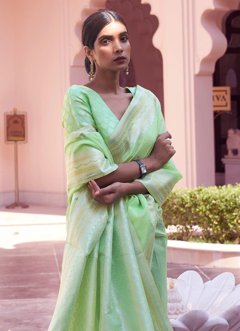 Zari Weaving Green Linen Saree Explore