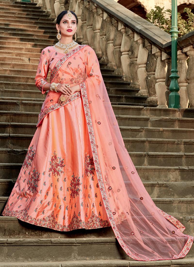 Peach Colored Satin Silk Base Lehenga Choli Online For Sale Cheap Pice