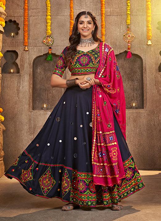 Navratri Special Navy Blue Viscose Rayon Thread Embroidered Lehenga Choli with Mirror Work Clearance Cheap Online