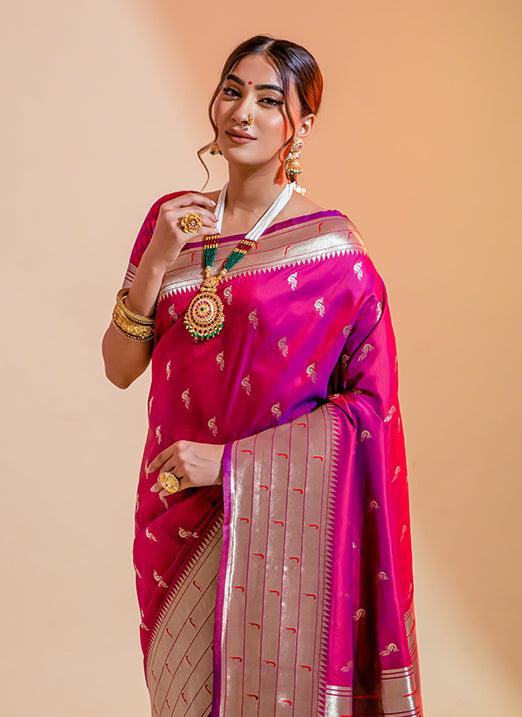 Pink Zari Weaving Pure Paithani Silk Saree Amazon Online