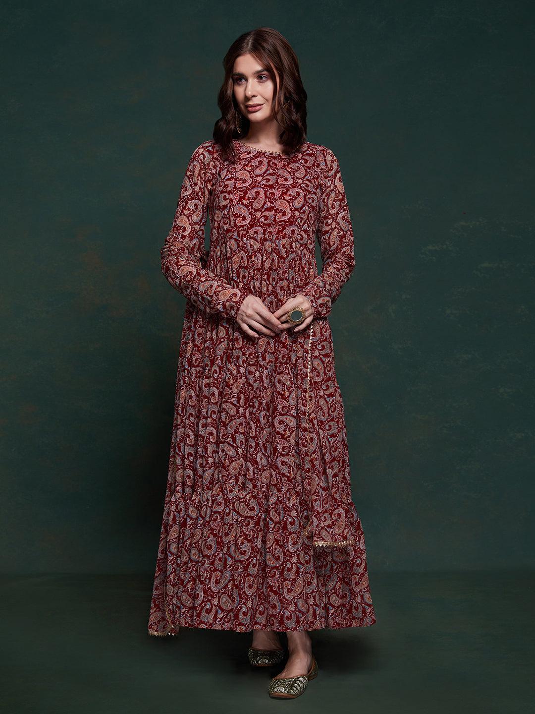 Maroon Georgette Gown Dress with Printed Design Cheap Sale Tumblr