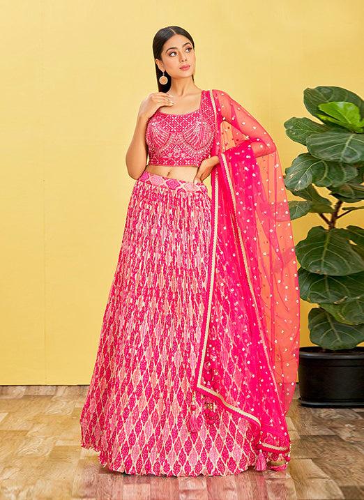 Pink Chinnon Lehenga Choli with Real Mirror & Zari Sequin Embroidery Clearance Fake