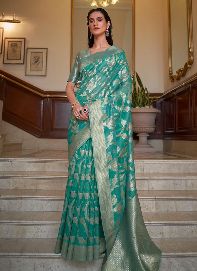 Zari Weaving Sea Green Two Tone Organza Saree With Credit Card For Sale