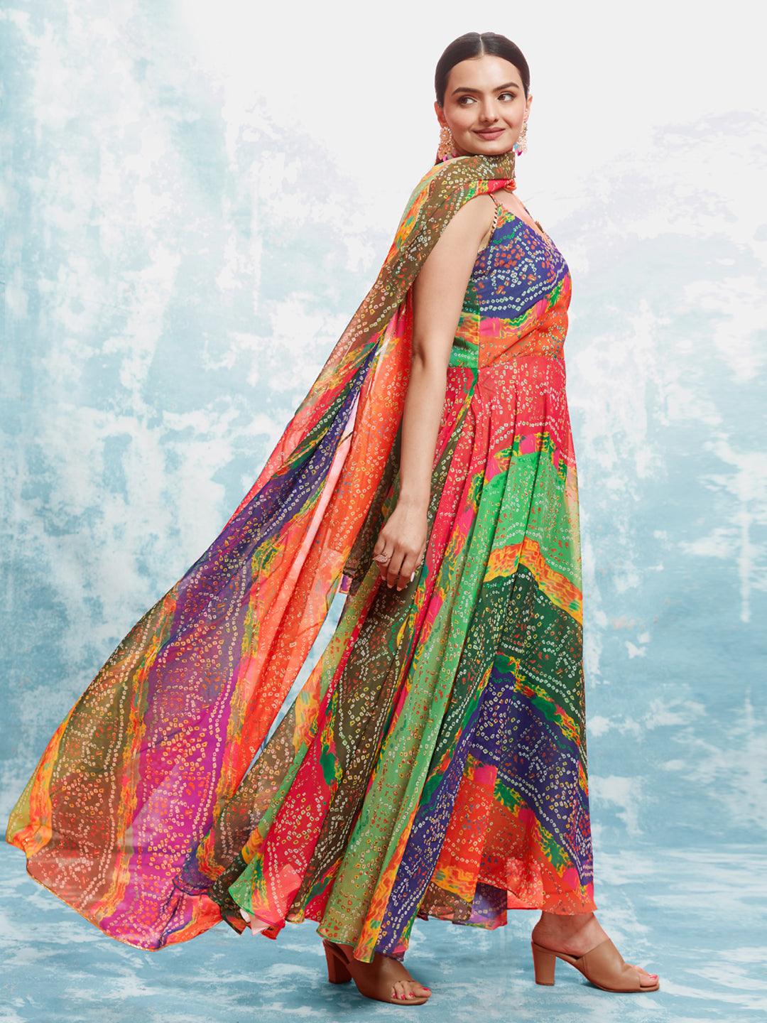 Multi color bandhani print gown with dupatta Buy Cheap Pay With Paypal