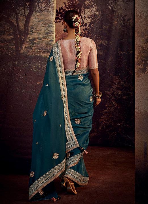 Teal Green Color with Weaving Embroidery Pastel Saree Discount High Quality