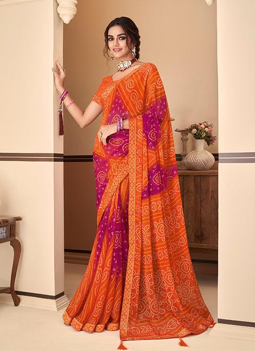 Graceful Orange Bandhani Chiffon Saree Factory Outlet Cheap Online