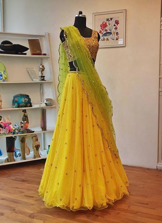 Lemon Yellow Color Party Wear Sequins Work Lehenga Choli Free Shipping Shop For