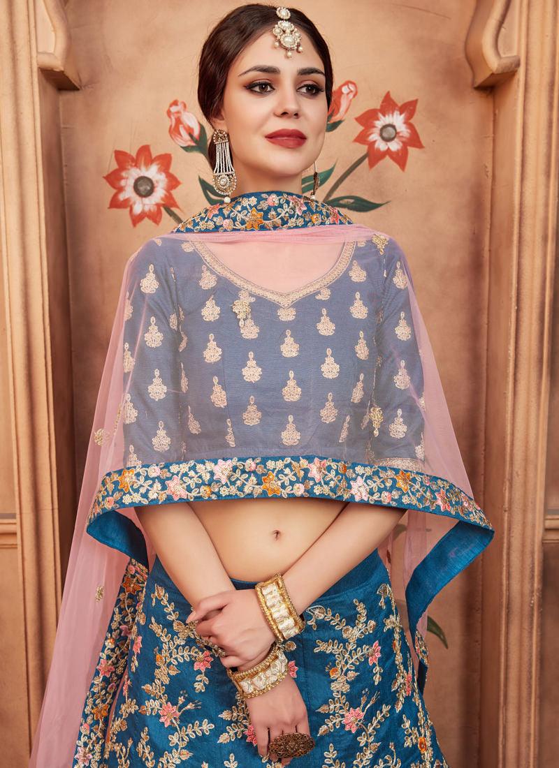 Classic Blue Color Art Silk Base Embroidered Work Lehenga Choli Deals