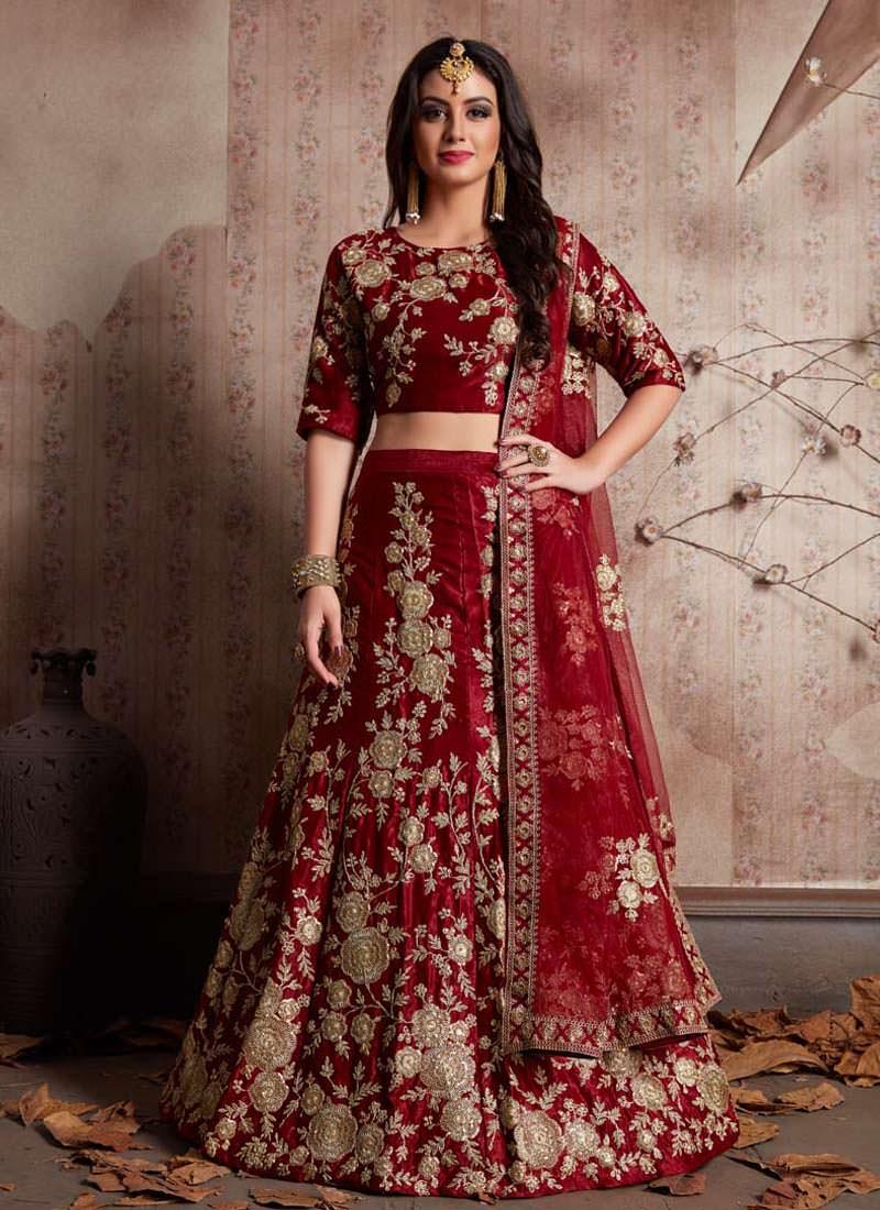 Maroon Dori Work Velvet Lehenga Choli And Dupatta Set Get To Buy Cheap Online