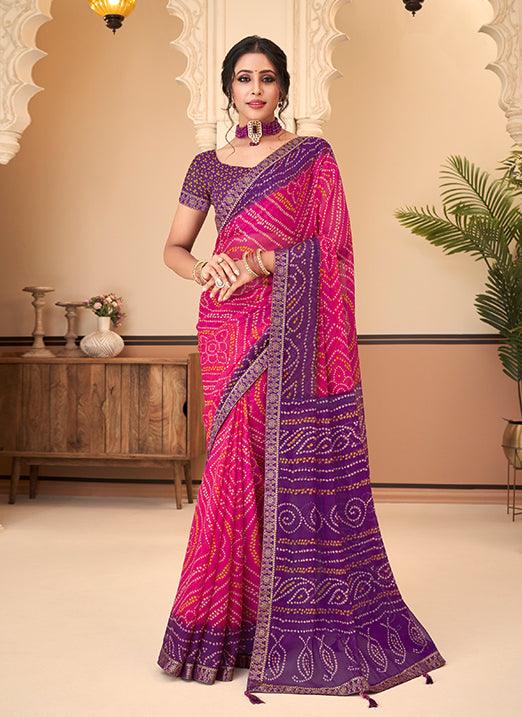 Graceful Pink & Purple Bandhani Chiffon Saree Cheap Sale Store