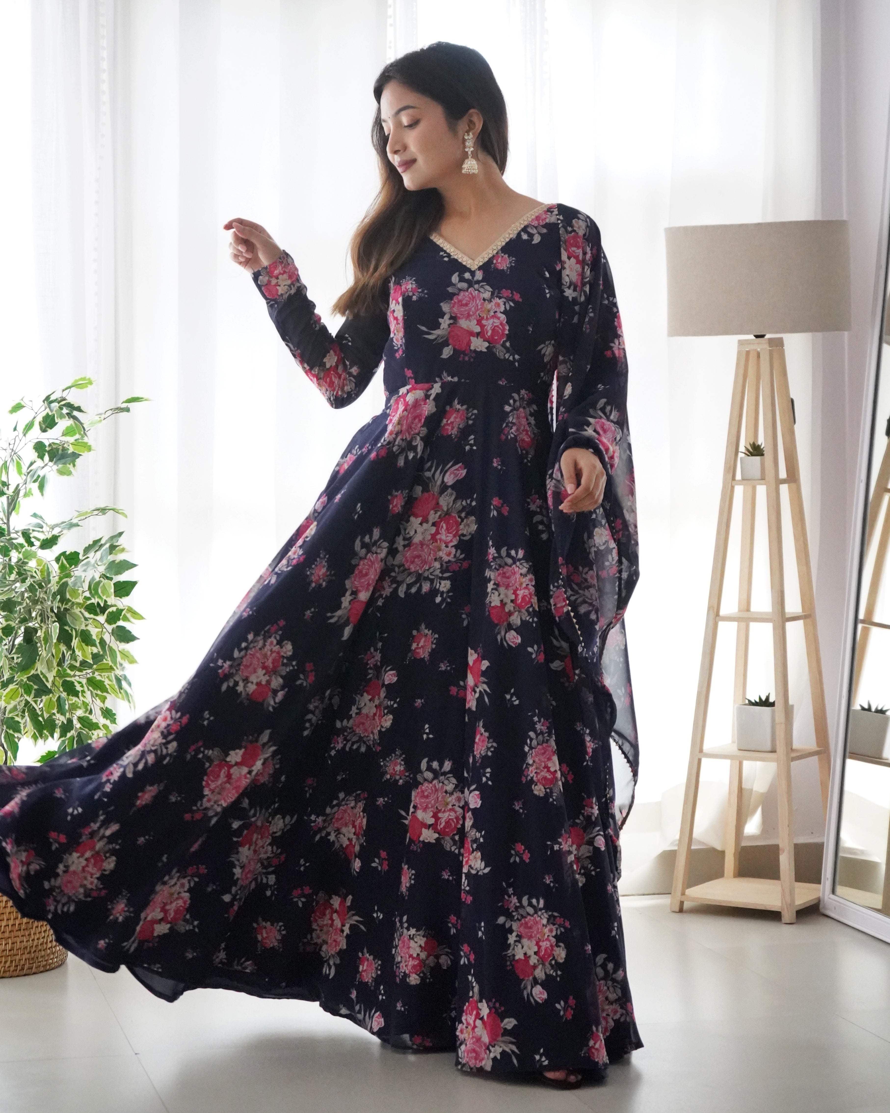 Navy Blue Faux Georgette Floral Digital Printed Anarkali With Dupatta Cheap Sale Tumblr