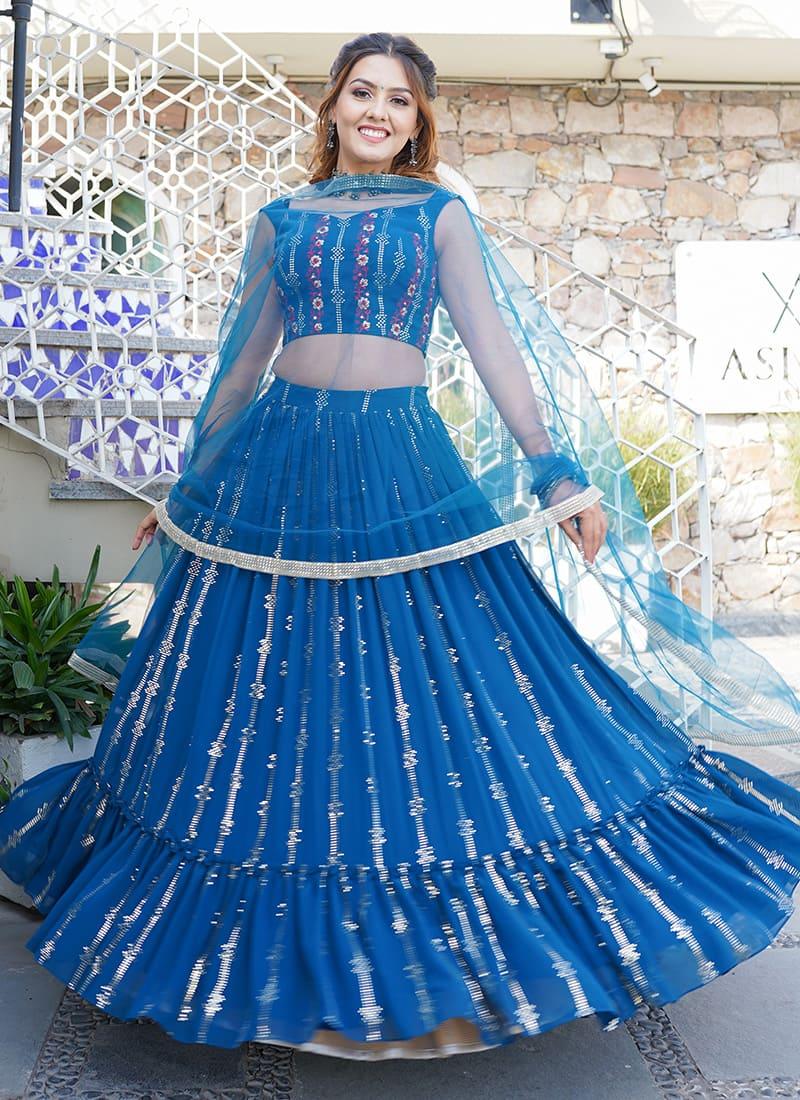 Mukaish Work Ruffle Dusty Blue Lehenga Cheap Sale Pick A Best