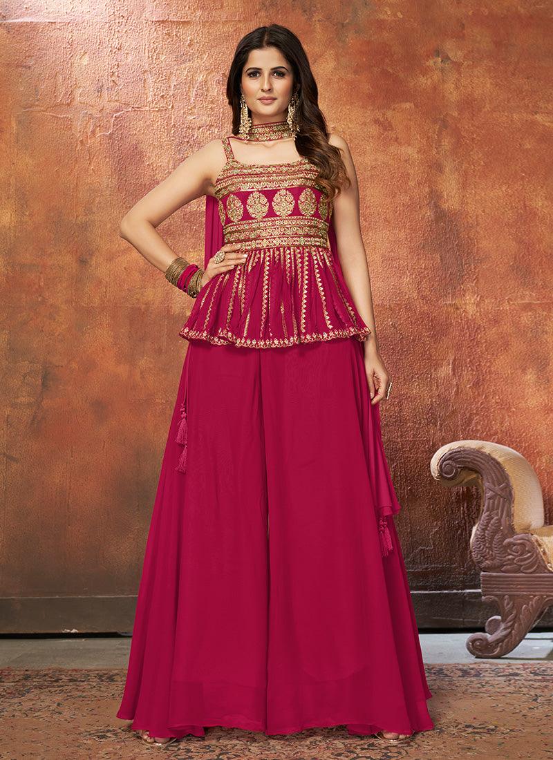 Rani Pink Color Georgette Material Palazzo Suit With Zari Work Pices Cheap Online