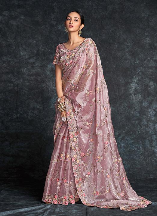 Lilac Color Heavy Embroidery Work Saree In China