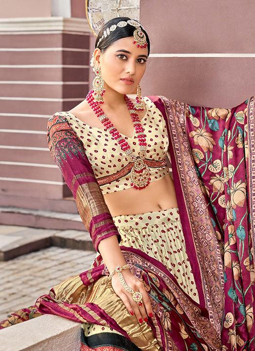 Alluring Cream Art Silk Digital Print Navratri Lehenga Choli Under 70 Dollars