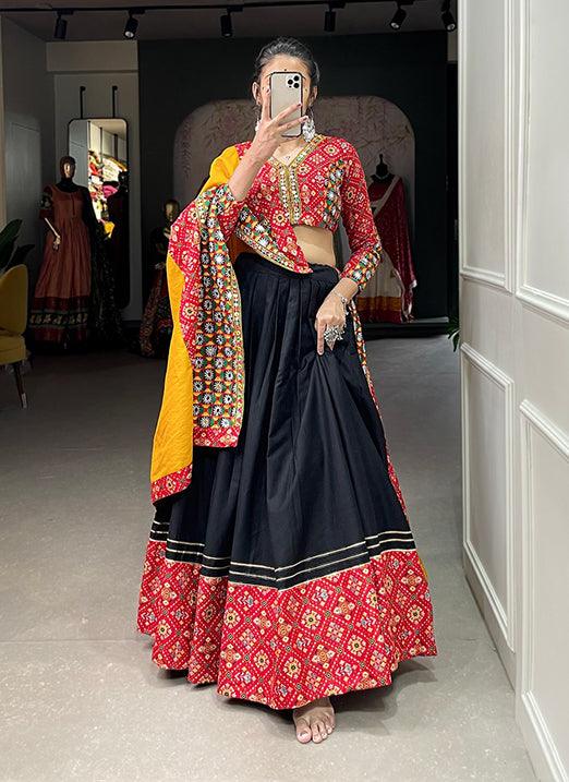 Red and Black Gota Patti Print Cotton Navratri Lehenga Choli Outlet 100% Authentic