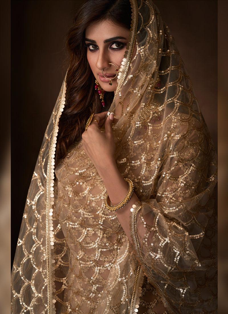 Magnificent Beige Soft Net Base Festive Wear Sequin Sharara Suit(unstitched) Clearance In China