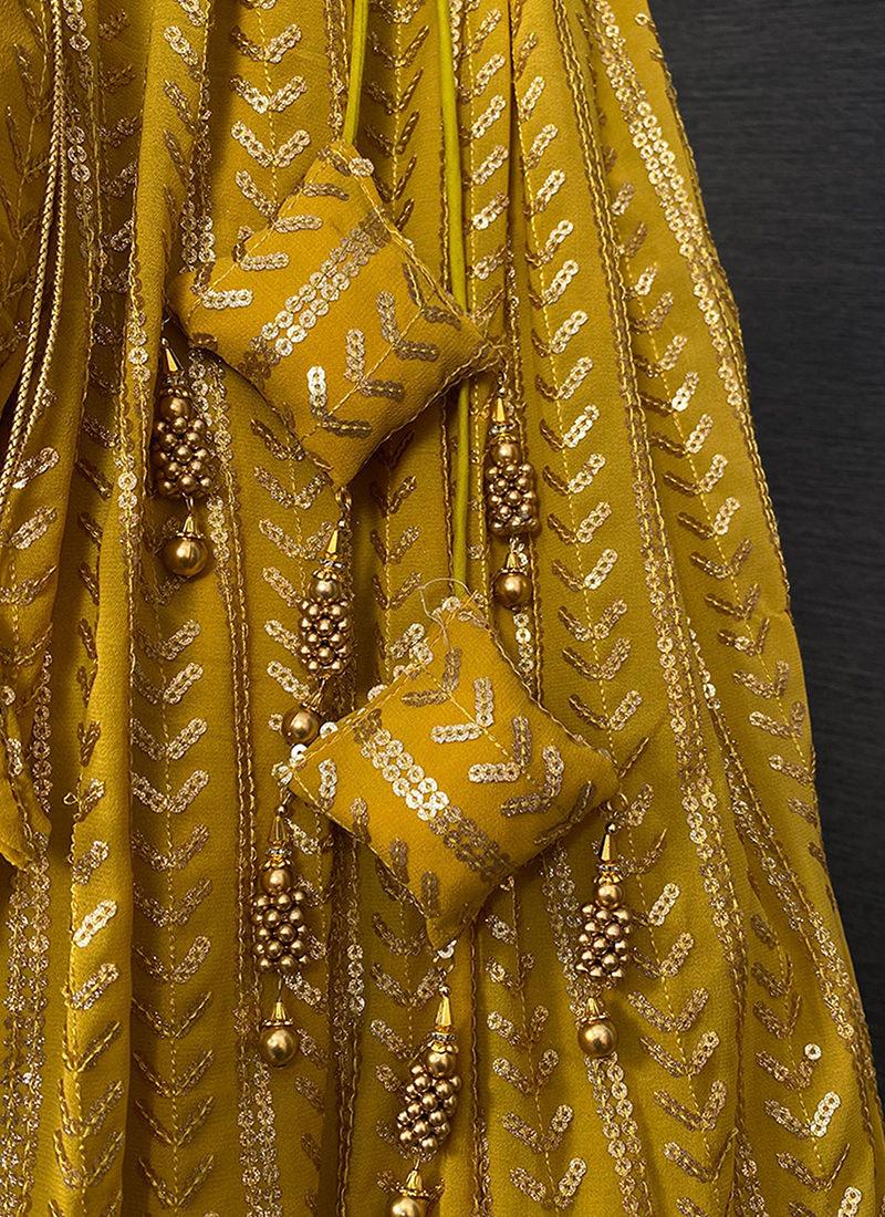 Heavy Sequins Mustard Yellow Flared Lehenga Real For Sale