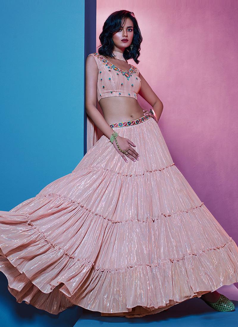 Deep V-Neck Ruffle Peach Colour Lehenga Cheap Wide Range Of