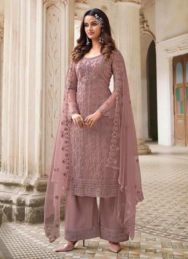 Heavy Embroidery Work Mauve Color Straight Suit with Palazzo The Cheapest Cheap Online