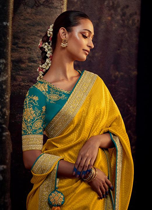 Golden Yellow Color with Weaving Embroidery Pastel Saree Free Shipping 2025 New