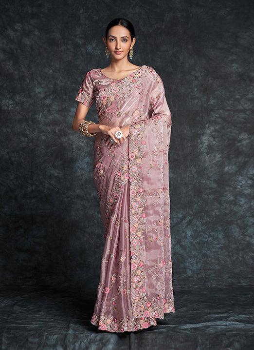 Lilac Color Heavy Embroidery Work Saree In China