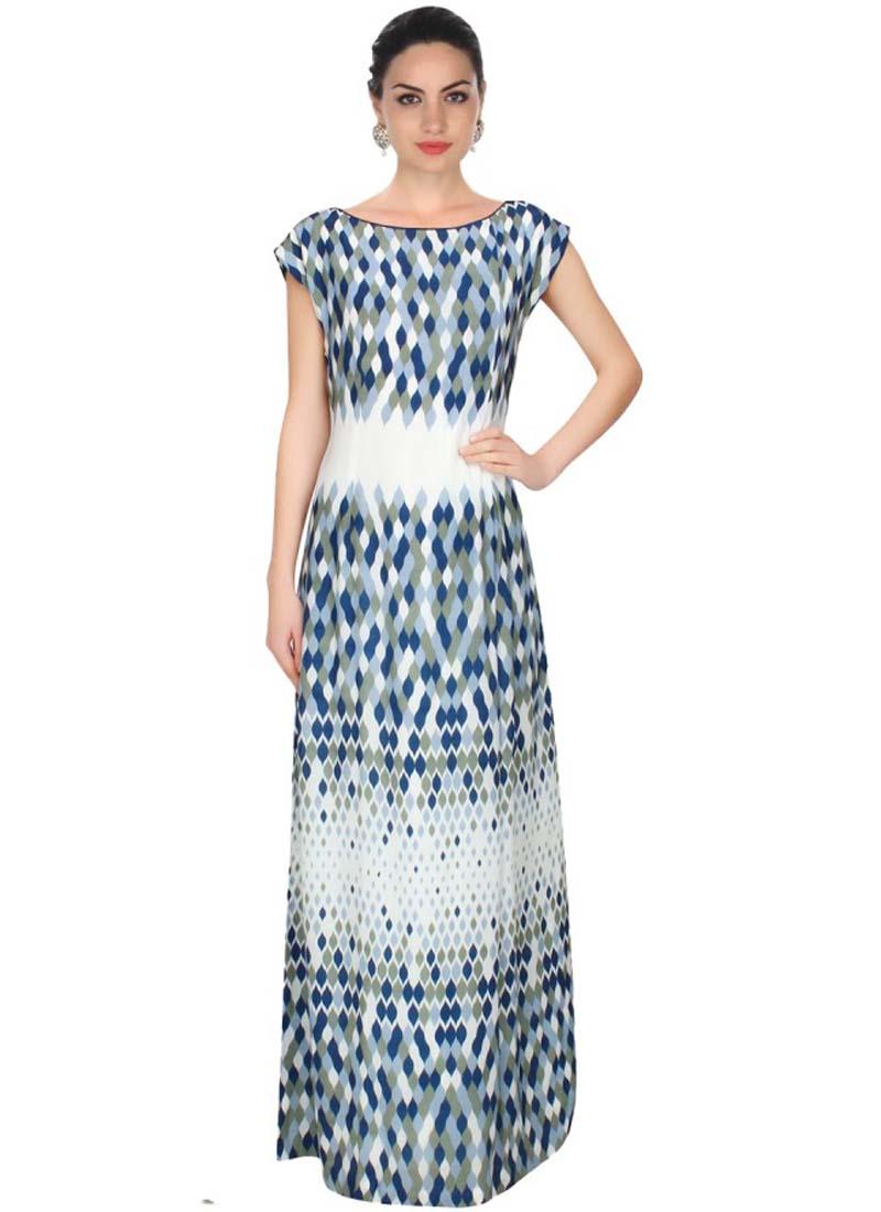 Ecru, Grey And Blue Leaf Illusion Print Long Dress Discount 2025 New