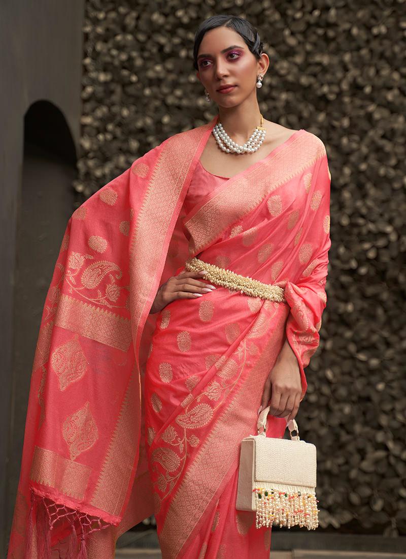 Rani Pink Nylon Chinon With Two Tone Saree Cheapest For Sale