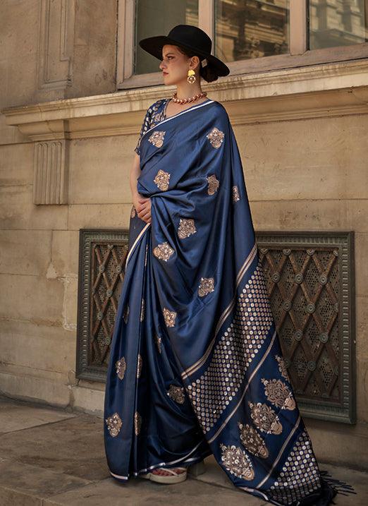 Navy Blue Pure Satin Handloom Weaved Saree from Paris Edition Free Shipping In China