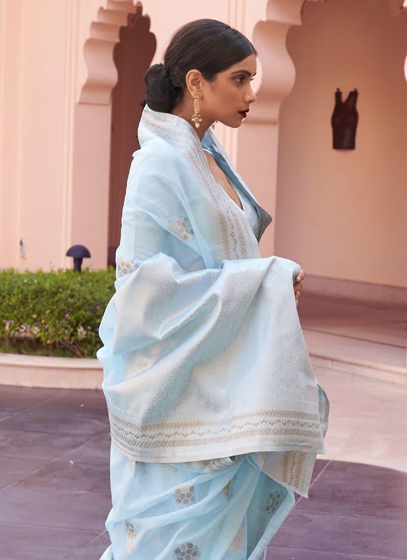 Zari Weaving Ice Blue Linen Saree Discount Nicekicks