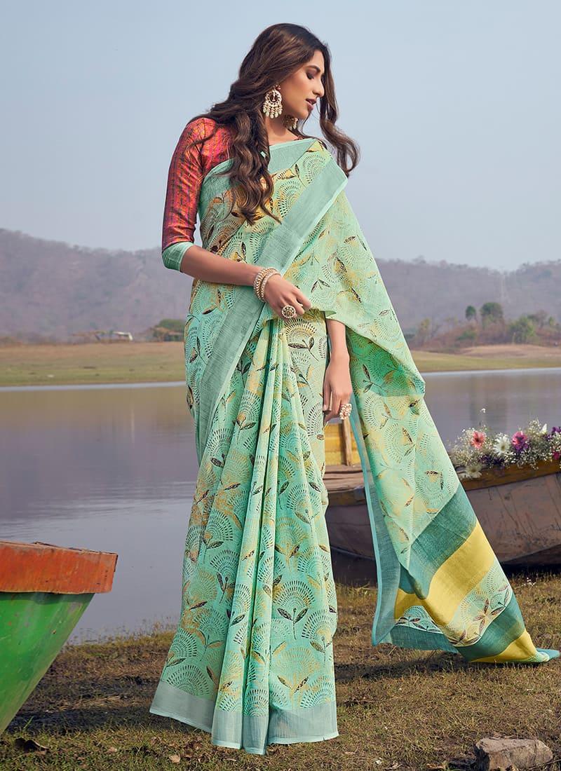 Light Green Casual Printed Floral Saree Free Shipping Nicekicks