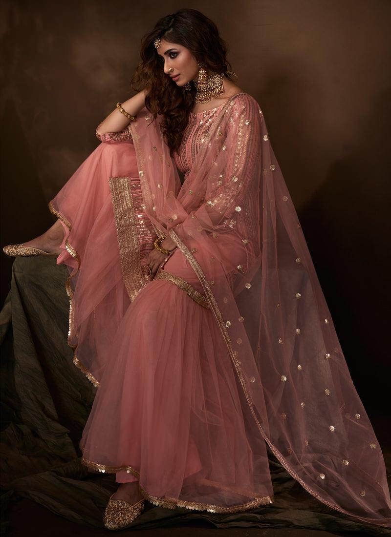 Elegant Peach Pink Soft Net Base Sequin Sharara Suit Cheap Usa Stockist