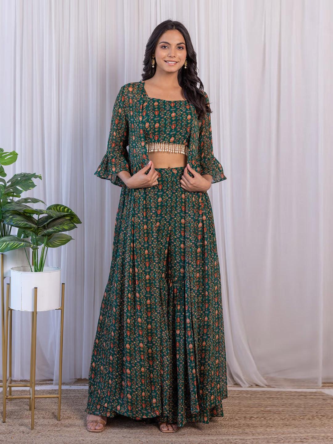 Bottle Green Printed Georgette Crop-Top & Sharara Set Cheap Sale View