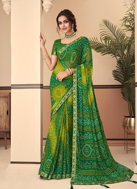 Graceful Green & Parrot Bandhani Chiffon Saree Shop Offer