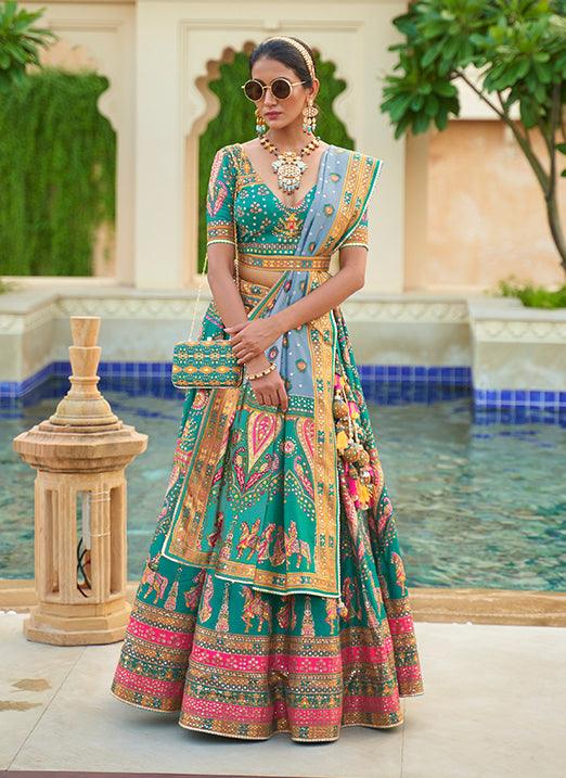 Rajwadi Silk Sparkle & Mirror Work Turquoise Lehenga Choli Free Shipping Cheap Real