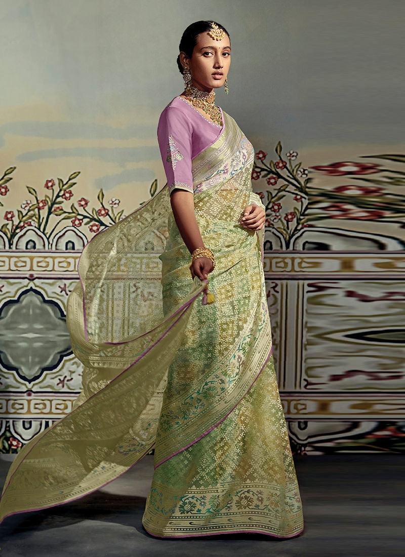 Thread Work Blouse With Light Green Brasso Saree Clearance Shop