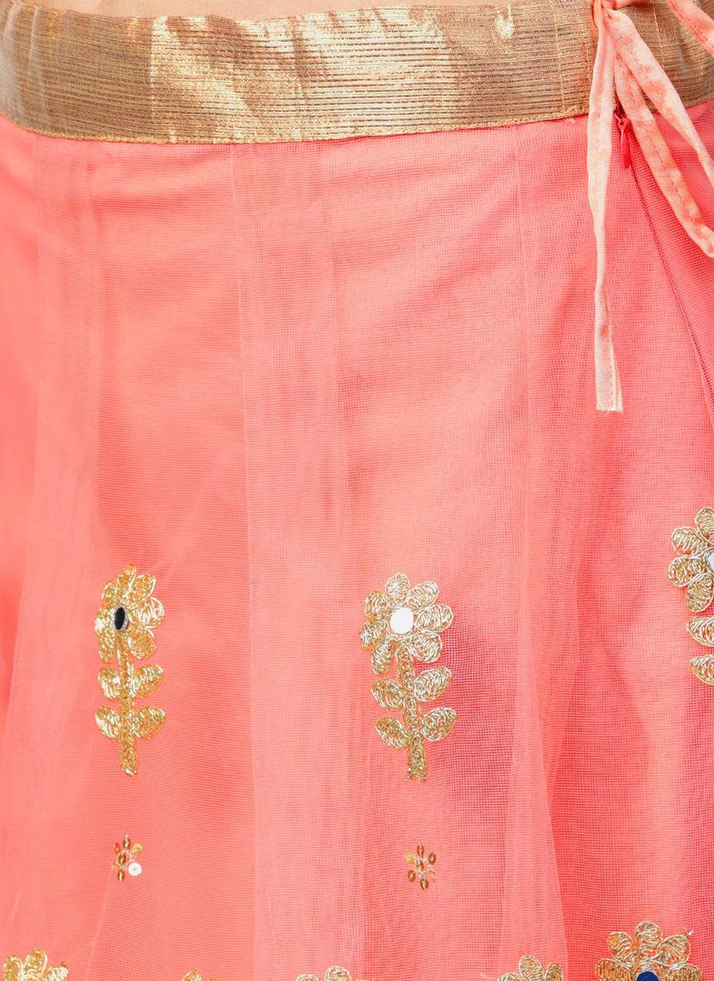 Pink And Mint Mirror Work Net Base Lehenga Choli Set Cheap Sale 100% Authentic