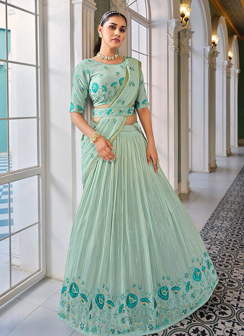 Pista Green Georgette Umbrella Lehenga Online Online Free Shipping