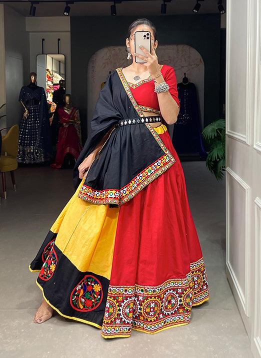 Red and Yellow Gamthi Mirror Work Vibrant Navratri Lehenga Choli Cheap Sale Manchester