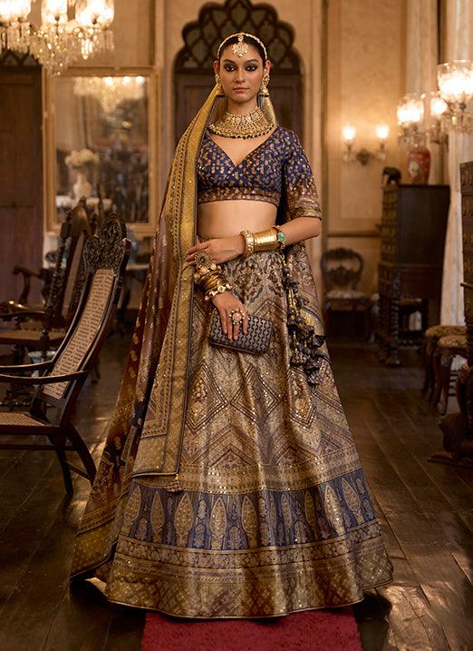 Navy Blue & Beige Bridal Lehenga Choli with Sparkle Mirror Work in Rajwadi Silk Explore Online