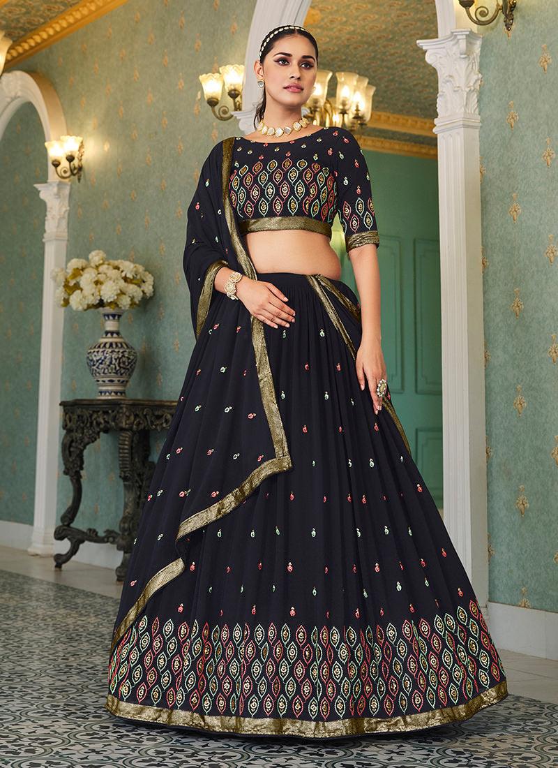 Navy Blue Georgette Umbrella Lehenga Free Shipping Inexpensive