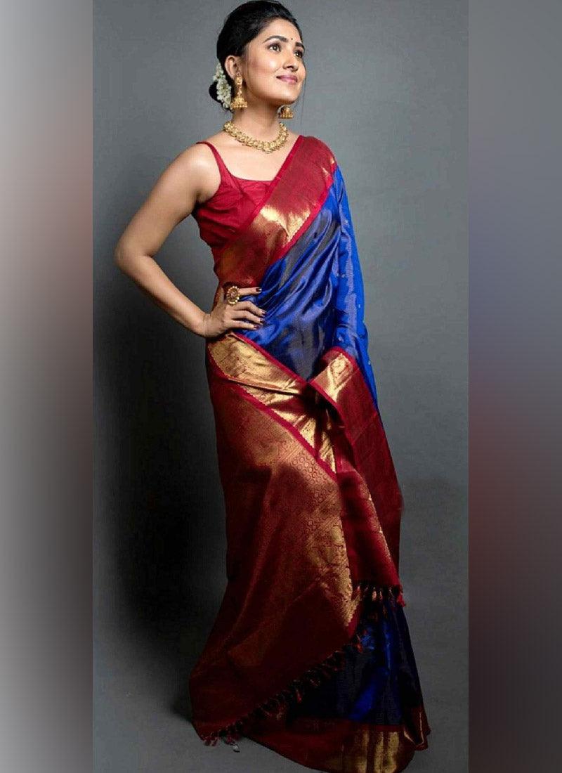 Traditional Look Blue Color Art Silk Base Wedding Wear Saree With Contrast Blouse 2025 Newest Sale Online