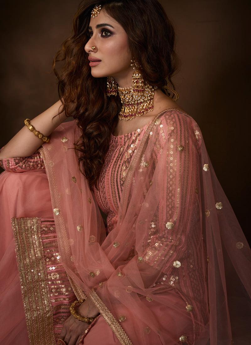 Elegant Peach Pink Soft Net Base Sequin Sharara Suit Cheap Usa Stockist