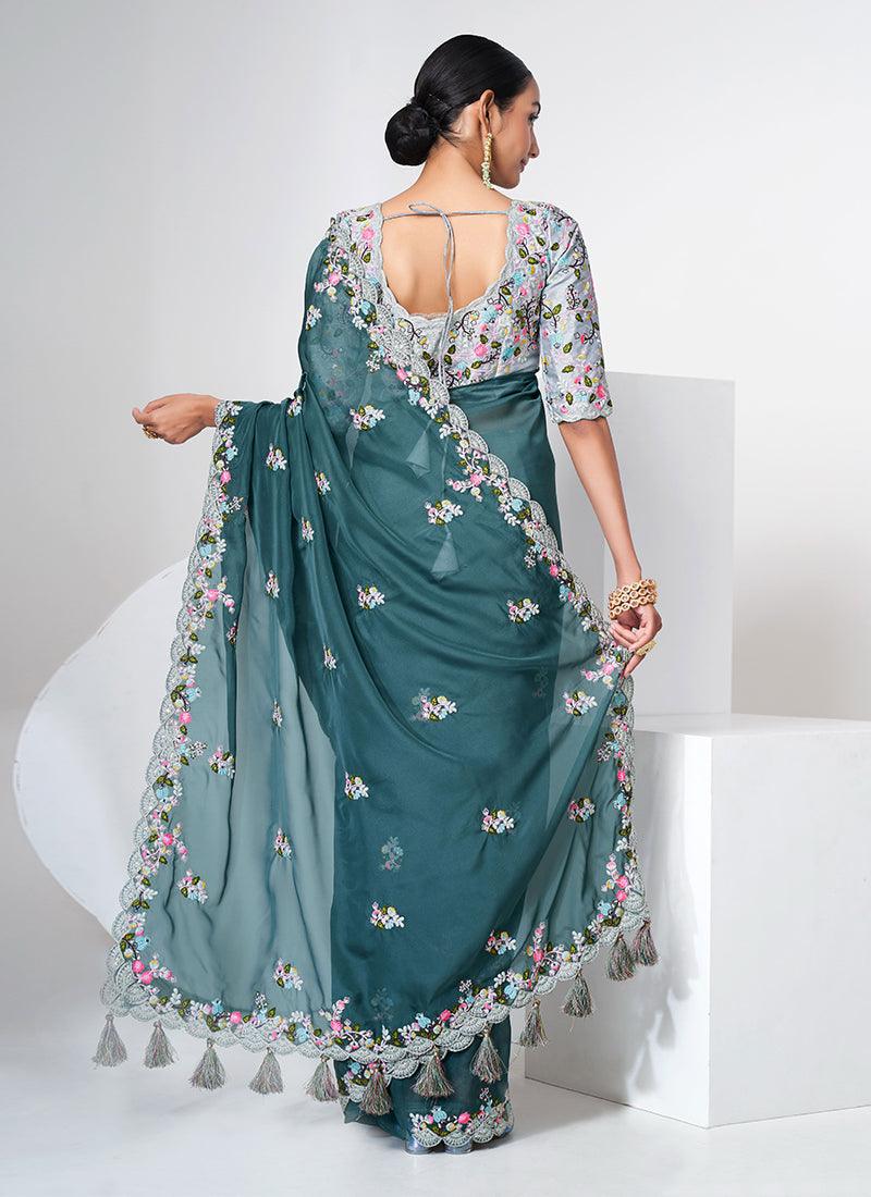 Teal Blue Color Organza Base Saree Marketable Sale Online