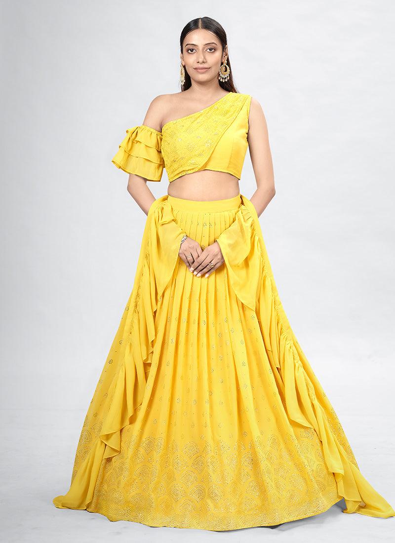 One Shoulder Yellow Designer Chaniya Choli Sale Discount