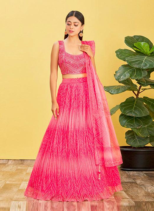 Pink Organza Lehenga Choli with Real Mirror & Zari Sequin Embroidery Cheap Sale Pay With Visa