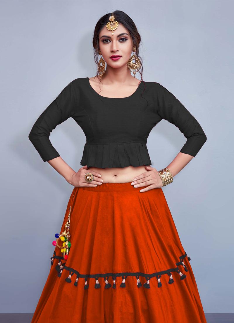 Elegance Black Crop Top With Tassels Decorated Orange Skirt Discount Cost