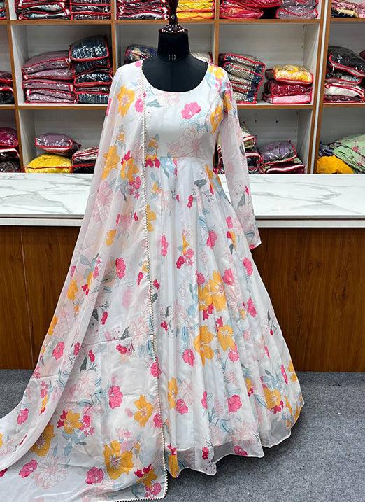 White Organza Silk Floral Raksha Bandhan Special Gown Get Authentic Cheap Online