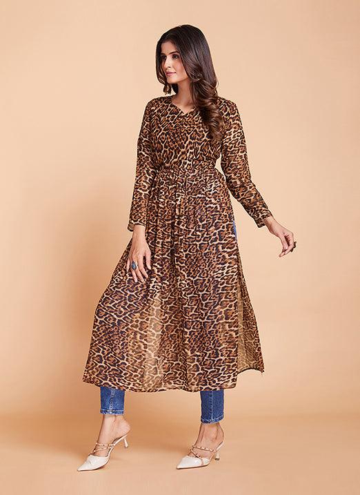 Brown Georgette Western Wear Kurti with Printed Design Free Shipping For Sale